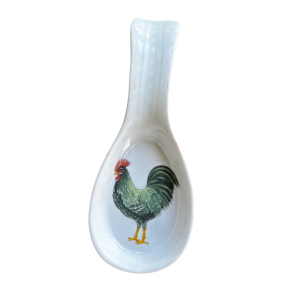 BIA Cordon Bleu Rooster Spoon Rest White Ceramic Hand Decorated Farmhouse 9 Inch